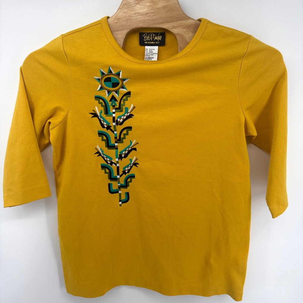 Bob Mackie Wearable Art Mustard Yellow Embroidered Sun Totem Top Womens Medium